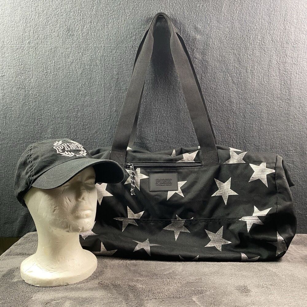 Vintage Victoria's Secret PINK Black Duffle Bag Stars Adjustable Hat Bundle